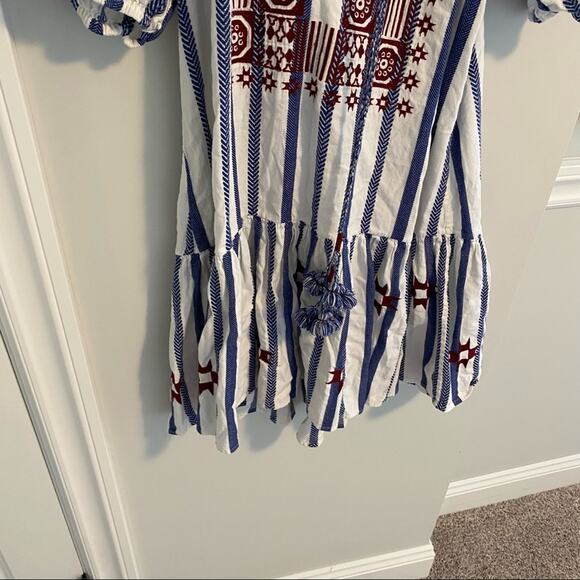 FIGUE Red White Blue Embroidered Puff Sleeve Mini Dress Medium M - Picture 12 of 14